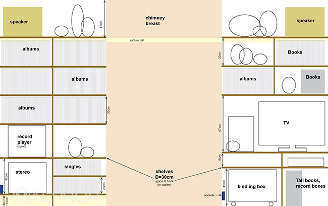 living room alcove shelves plan