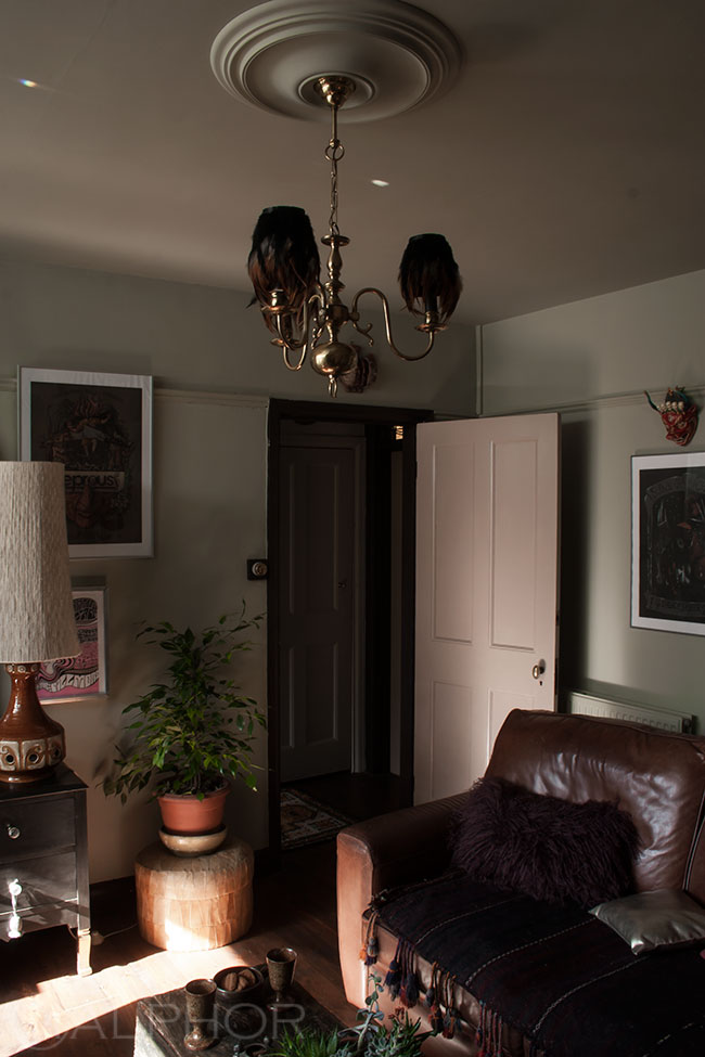 Feather shades on chandelier with French Grey ceiling